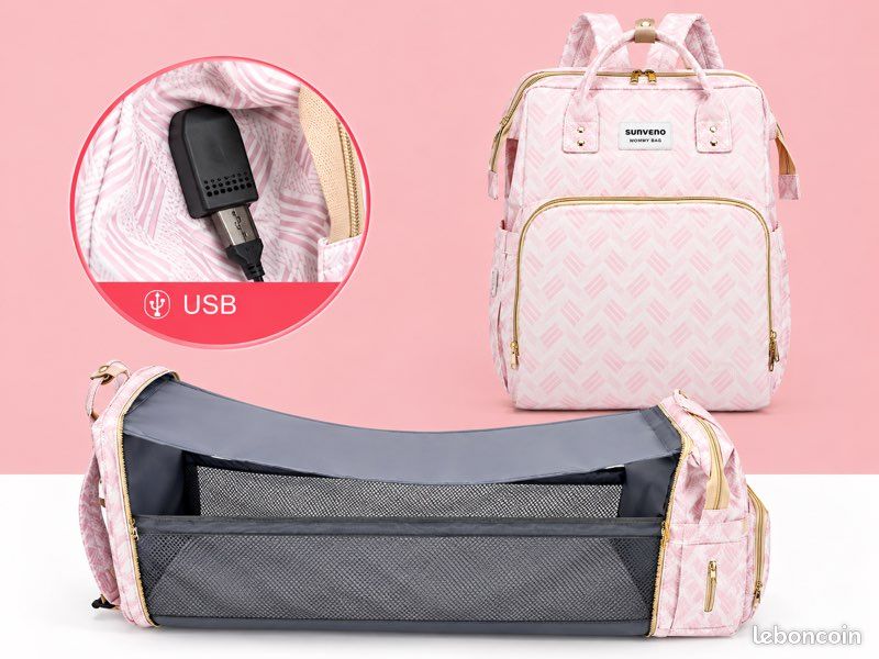 Sac à langer 3-en-1 avec lit bébé intégré + Port USB – Neuf (image 4)