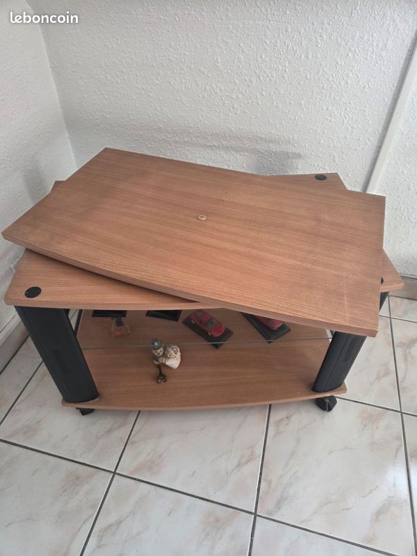 Meuble tv hêtre plateau tournant et étagère en verre (image 1)