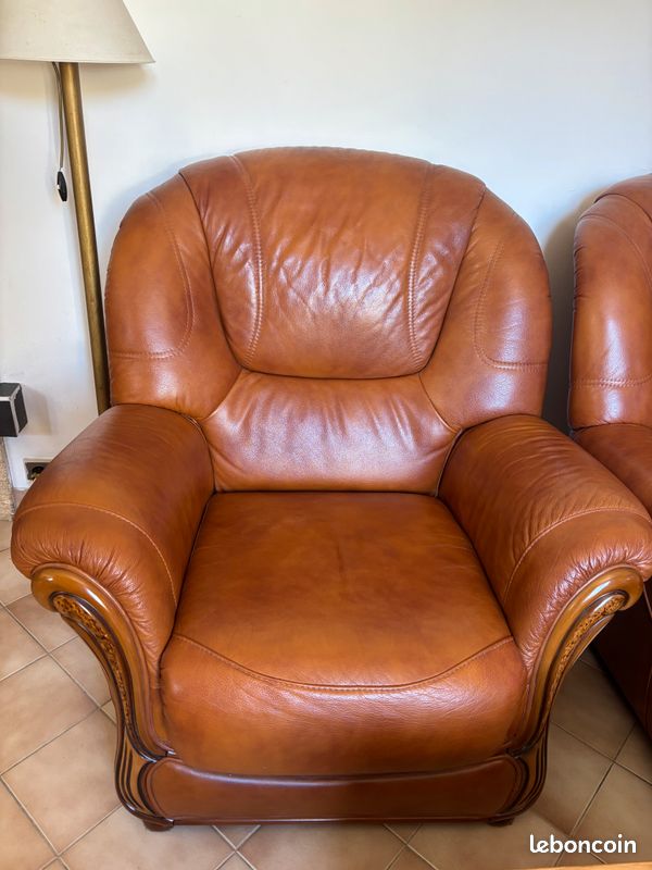 Ensemble canapé - 2 fauteuils cuir marron (image 5)