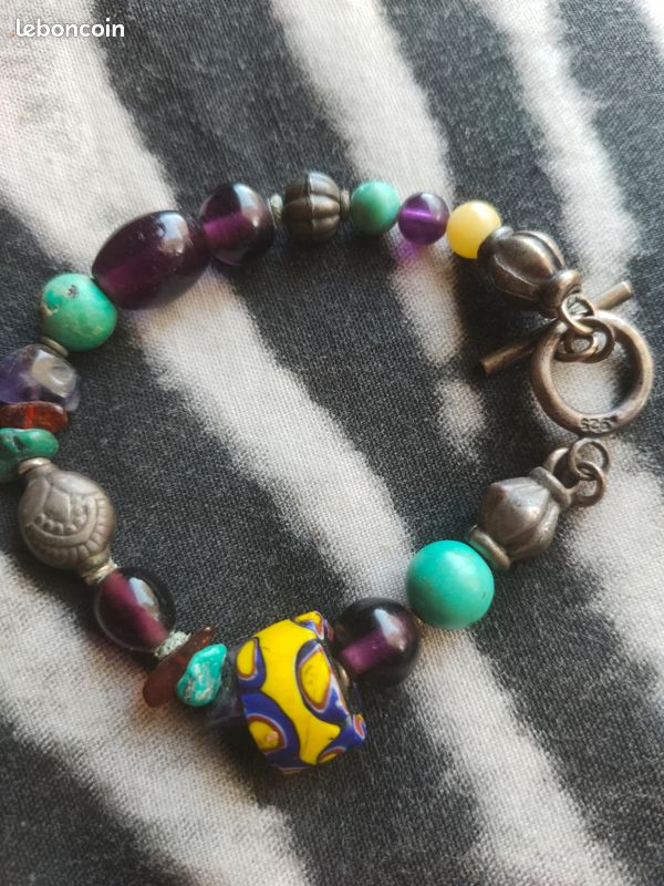 Bracelet Ancien En Argent Massif - Pierres D'Améthyste Et Turquoise - Époque XIXe - À Restaurer