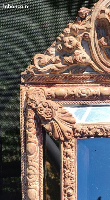 Miroir Biseauté à Parecloses style Napoléon III, à 5 glaces, XIXème. En laiton repoussé sur support en bois. Stylé Victorien/Baroque, Rocici, Shabby-chic - Dim 55 x 32,5 cm (image 4)