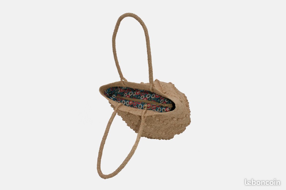 Sac neuf en raphia au crochet avec doublure en tissu et fermeture zippée (image 3)