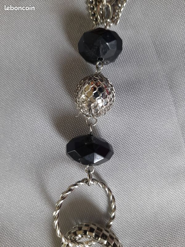 Collier Sautoir Vintage 90 Cm Perles Noires Argenté - Bijou Rare Français Années 70/80