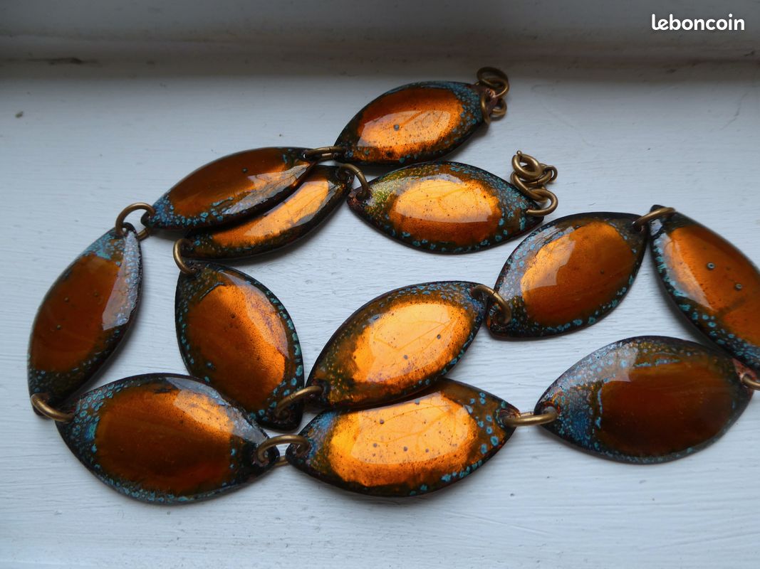 Collier Vintage Gros Modèle Années 70 - Fantaisie Cuivre émaillé, émaux Colorés, Occasion
