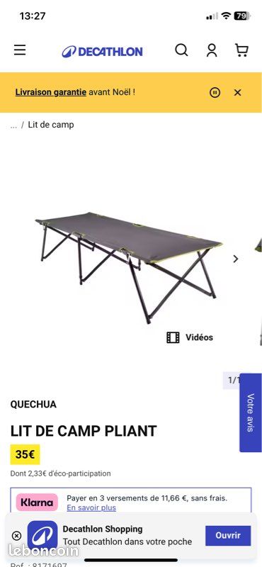 lit de camp L100 quechua 192×66×44cm couleur gris vert camping