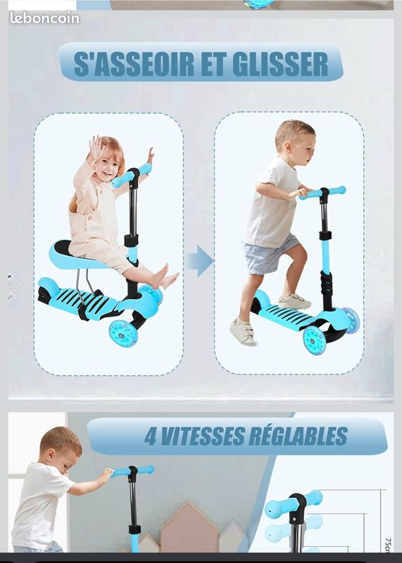 Trottinette Enfant évolutive Twinly Trottinette Évolutive 3 En 1 DINLY - De 1 à 6 Ans - 30kg Max - Avec Casque - LED Scooter Enfant évolutif Casque Dinosaure LED