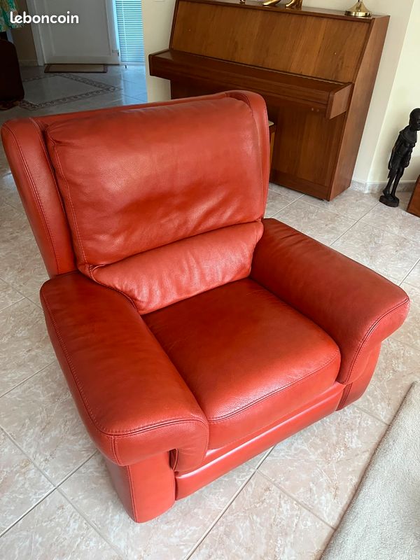 Salon canapé 2 places et 1 fauteuil en cuir cognac (image 2)