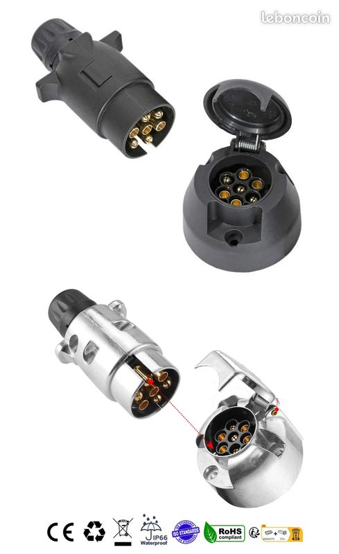 Feuunly Prise Remorque 3 Broches 12V Étanche Mâle + Femelle – Connecteur Universel Tracteur Caravane Camion 4 Points De Montage (Lot De 2)