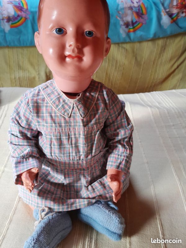 Ancien Baigneur Petitcollin Celluloïd Yeux Dormeurs Marron Avec Vêtements - Vintage