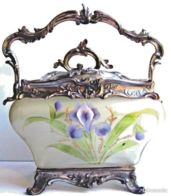 Magnifique Seau à biscuits en verre émaillé Legras pot rectangle monture Rocaille Louis XV / rare forme tombeau collection objet vitrine (image 20)