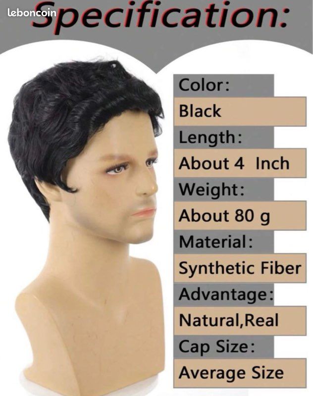 Perruque Homme 100% Cheveux Humains Noir - Modèle Martin 1B, Longueur Courte - Raie Libre, Bonnet Moyen - Neuf Avec étiquettes