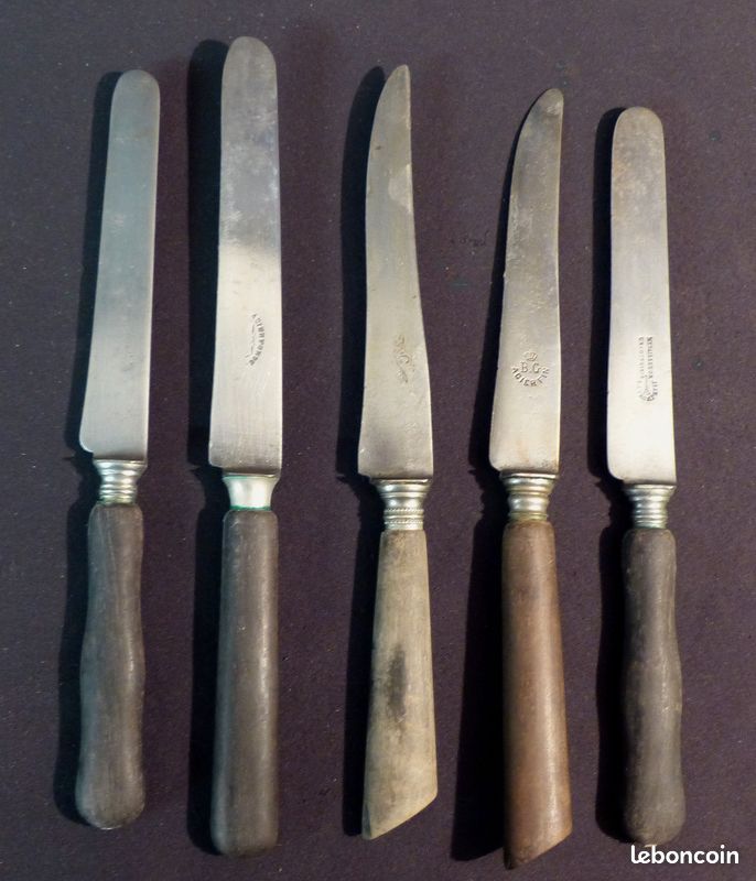 1900 5 couteaux anciens dépareillés virole argent manche précieux 23cm 25cm (image 1)