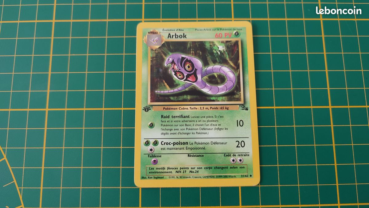 31/62 Carte Pokmon Arbok 31/62 peu commune 1re dition fossile Wizards #A73 - Collection 31/62 Carte Pokmon Arbok 31/62 peu commune 1re dition fossile Wizards #A73 - Collection