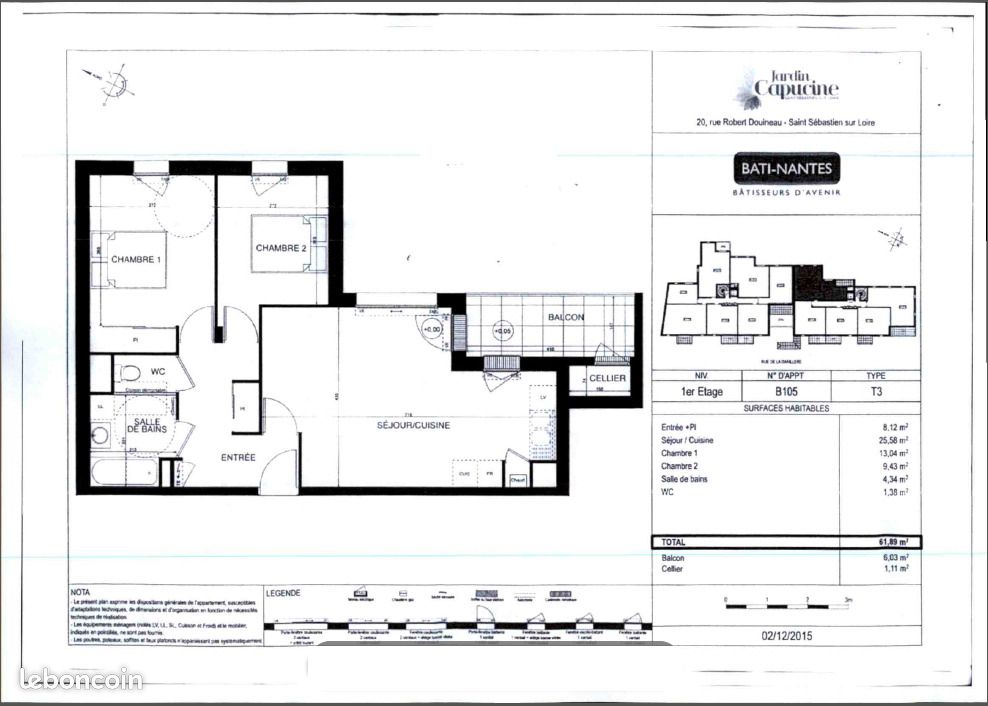 Appartement a louer saint-sebastien-sur-loire - 3 pièce(s) - 61 m2 - Surfyn