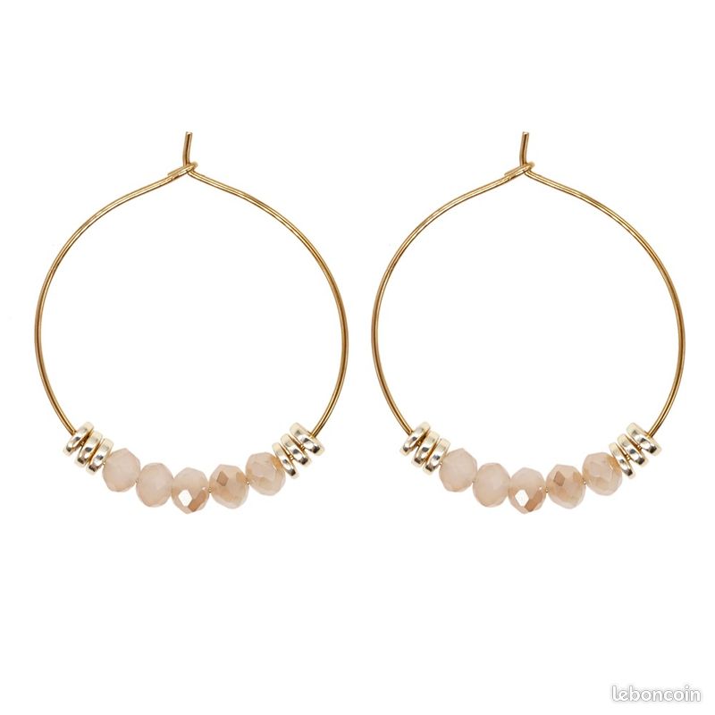 Boucles d'oreilles créoles 3 cm diamètre acier inoxydable doré quartz BEIGE (image 2)