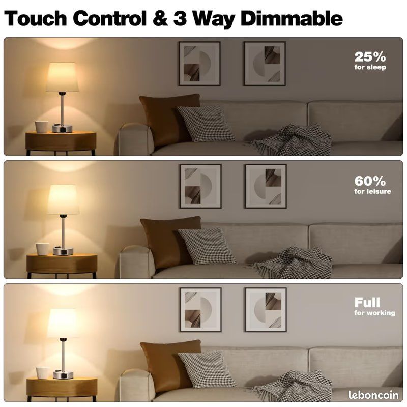 Lampes de chevet tactiles dimmables 3 niveaux avec ports USB-A+C & 2 prises – Blanc lot de 2 (image 2)