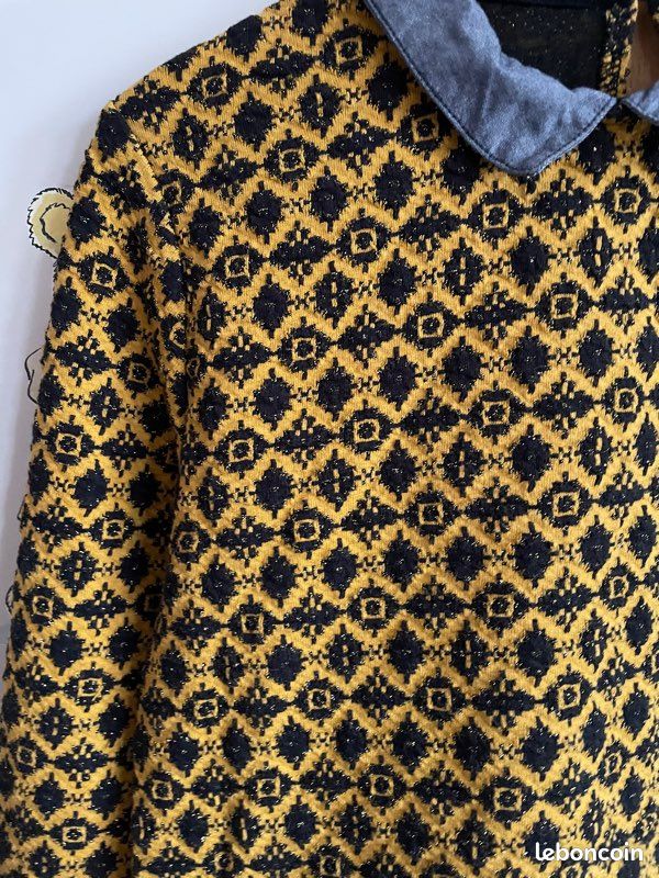 Pull chemise jaune et bleu à motifs noirs, taille Xs, marque Bonobo (image 2)
