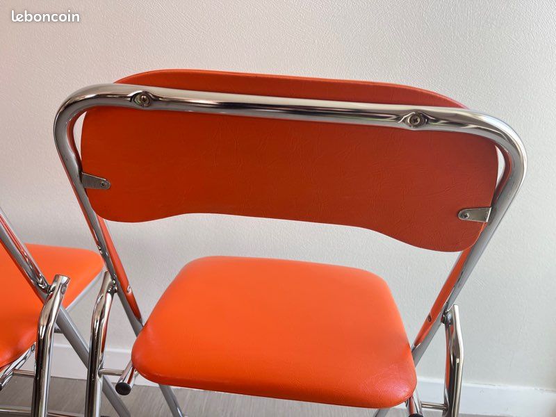 Lot De 3 Chaises En Métal Chromé Et Skaï Orange - Effezeta Italie Annee 70 Imgx1200 206