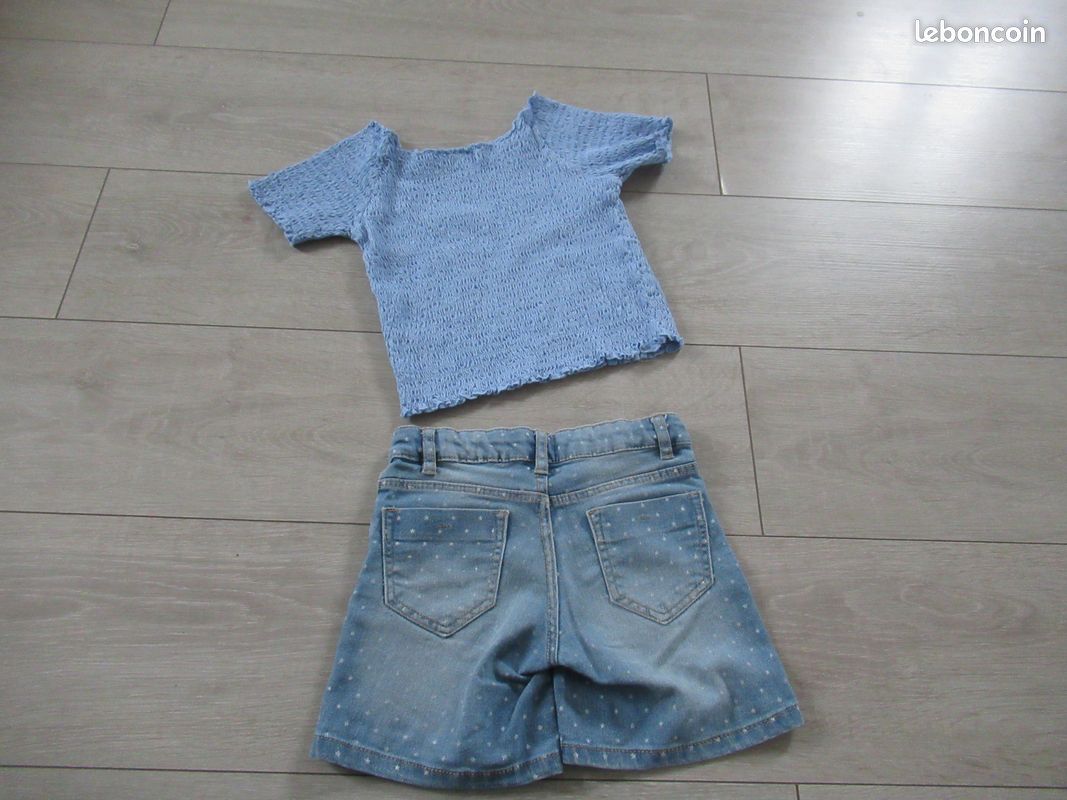 Tee-shirt smocké crop-top bleu et short en jean taille 6 ans (image 2)