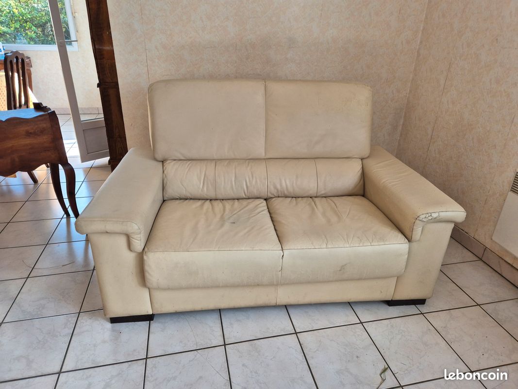 Canapé en cuir blanc/beige (image 1)