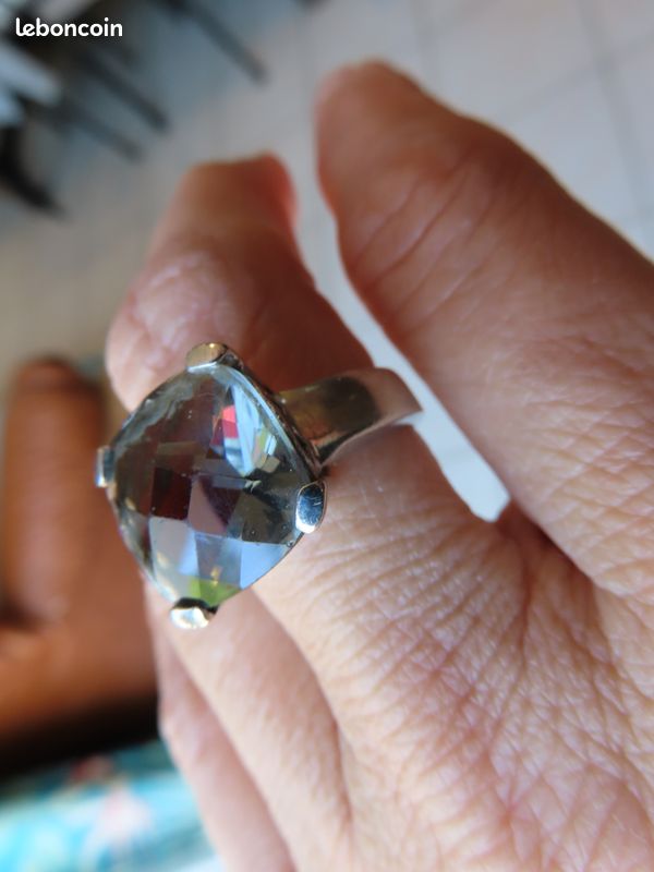 Bague En Argent Massif 925 Avec Prasiolite Biseautée - Taille 54, 12 Cts, Surélevée