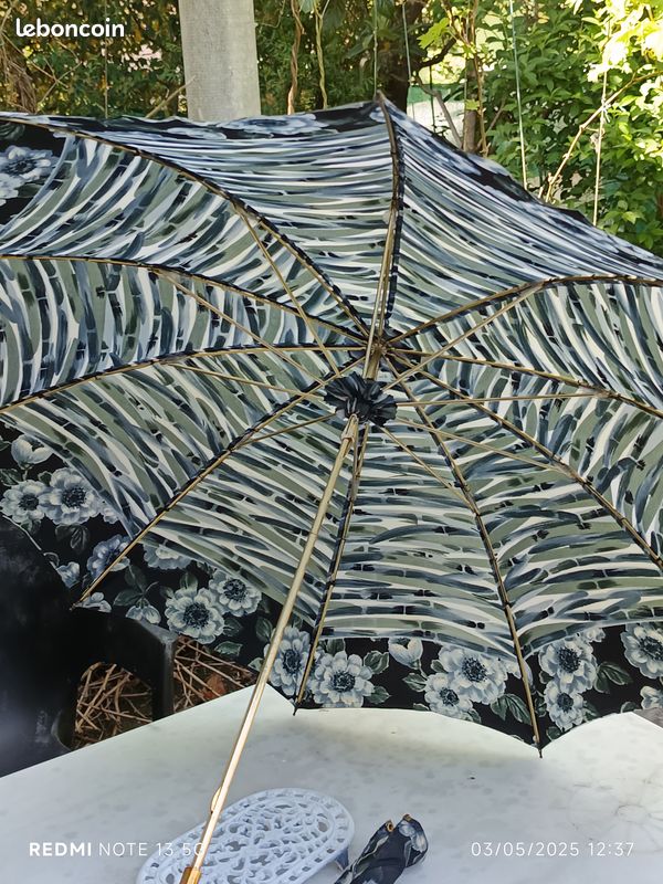 Parapluie Ancien De Marque Française Cantin - Bois Et Tissu Multicolore, Très Bon état Vintage