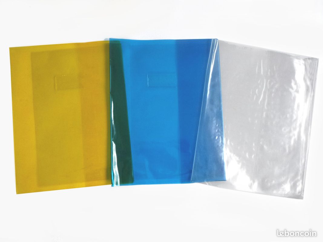 Lot 3 grands protège-cahiers 24x32 cm cristal Transparent Bleu Jaune Papèterie École Bureau (image 1)