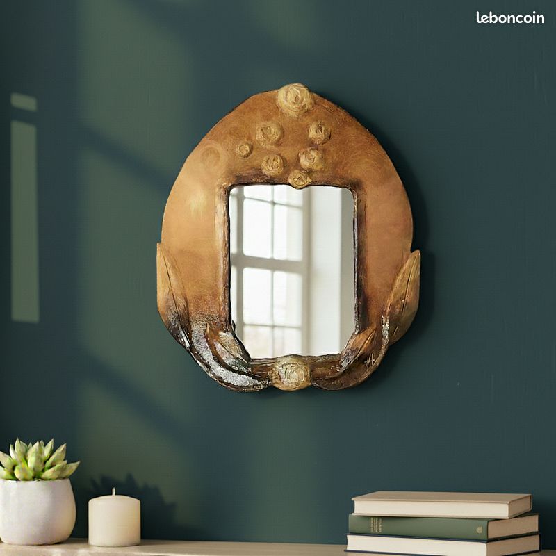 Ancien miroir organique signé Artisanat d'art vintage patine bronze 1970-1980 (image 1)
