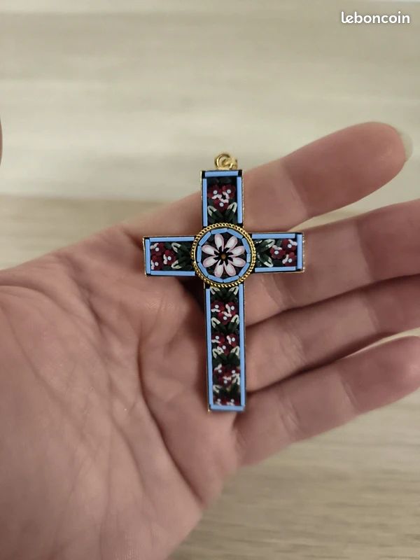 Pendentif Croix Mosaïque Bleu - Occasion, Bijou Fantaisie Vintage