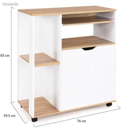 Desserte de Cuisine Mobile â Plan de Travail & Tablette Coulissante â Blanc et Bois façon HĂȘtre â L. 76 cm â Nombreux Rangements (image 2)
