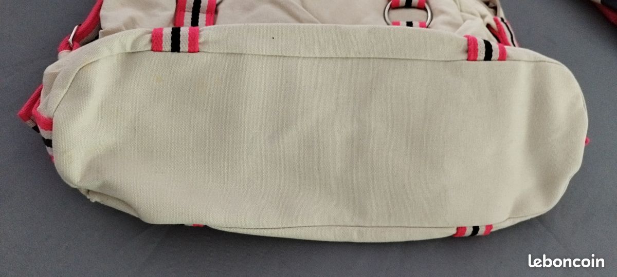 Sac:/Cabas "Jennyfer" en toile beige à rayures roses, écrues et noires - Doublé - 3 poches intérieures - Fermeture par fermeture éclair - Dimensions : 41cmX31cm env (image 4)