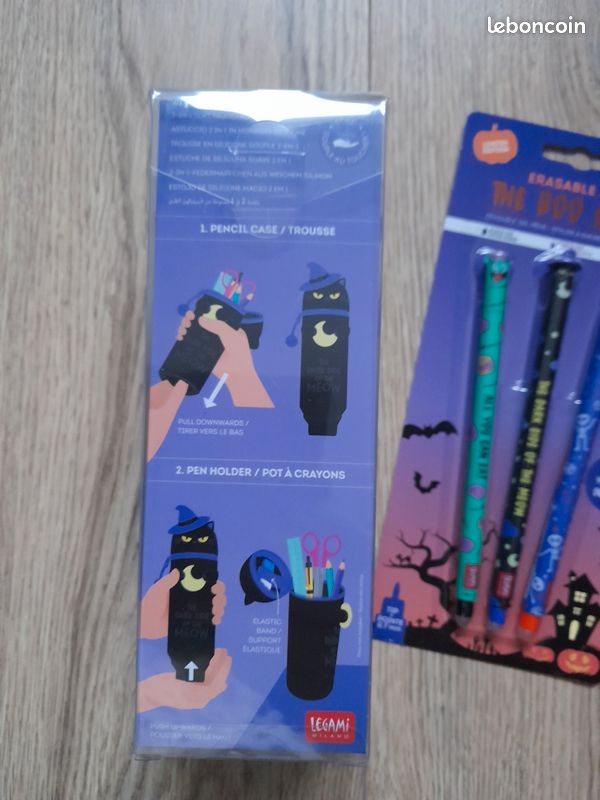 Trousse Halloween + 16 Stylos Gel Effaçables - Étui Silicone Extensible 2-en-1 - Cadeau école, Bureau, Fête