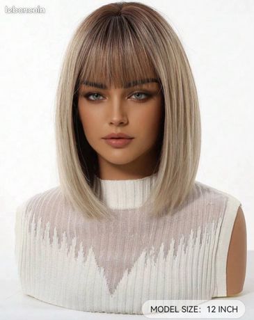 Perruque Synthétique Courte Blonde Doré - Carré Avec Frange - 30 Cm - Avec 4 Bonnets