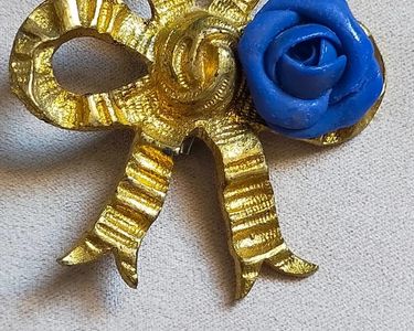 Broche Vintage Nœud Cabochon Bleu - Bijou Ancien Or, état Impeccable
