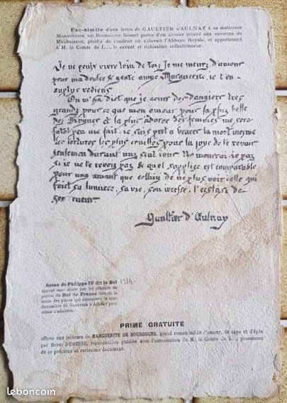 Fac-Similé d'une lettre de Gaultier d'Aulnay à sa maitresse (image 1)