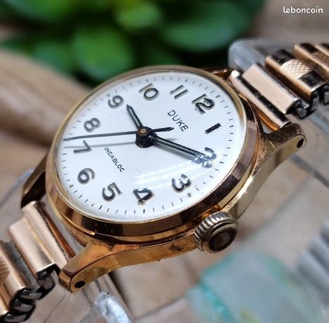Montre Femme Vintage Duke - Mécanique, Plaquée Or, Antichoc - Cadran Blanc - Années 1940-1970 - Occasion à Vérifier