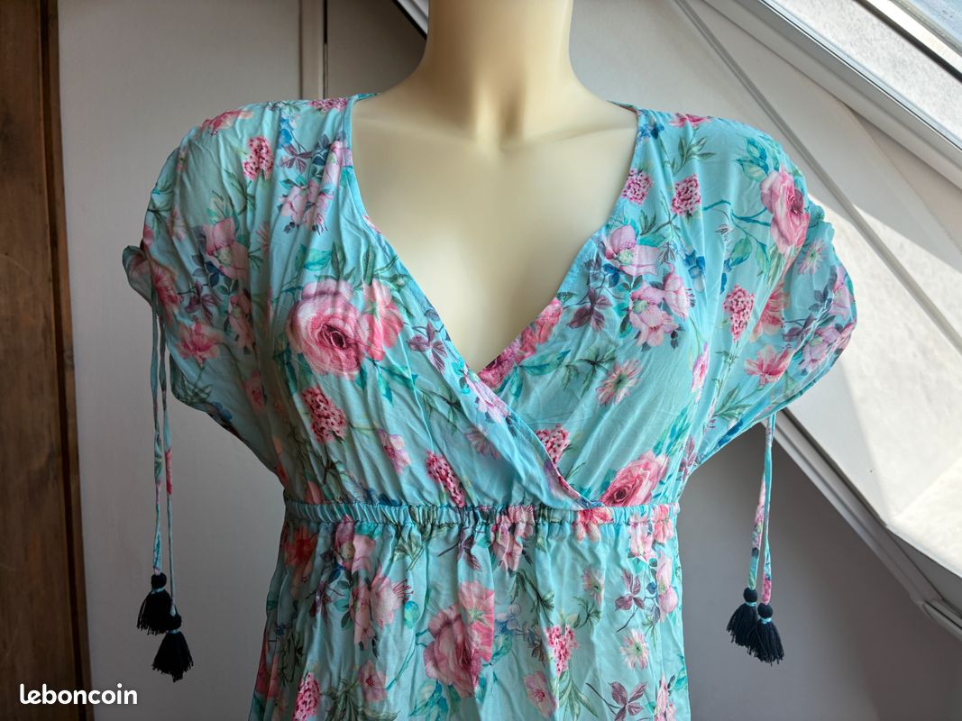 Robe légère turquoise fleurie Esprit - T.S - TBE (image 2)
