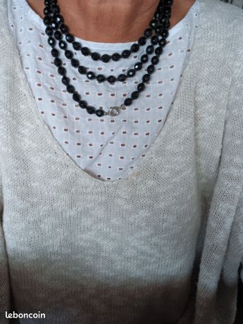 Sautoir Vintage Long En Perles De Verre Noir à Facettes - Longueur 86 Cm, Occasion - Collier Bohème