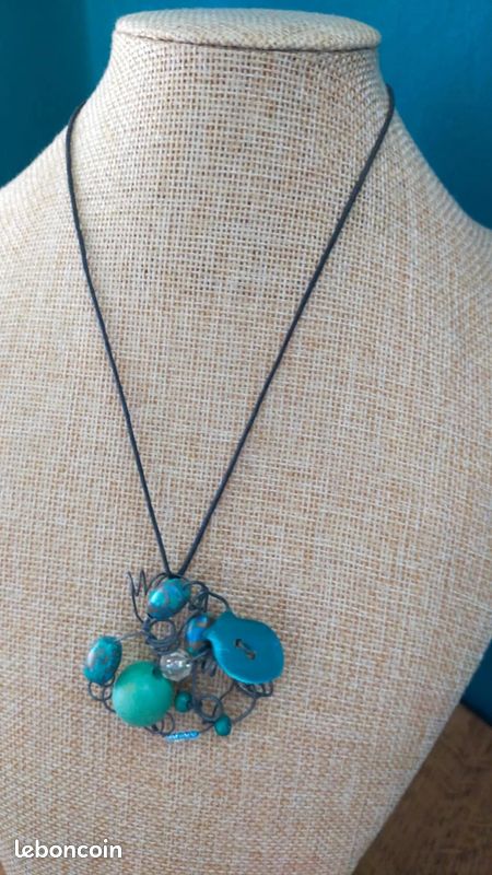 Collier Ancien Perles Plates Bleu Turquoise - Bijou Vintage, Couleur Argent, Très Bon état
