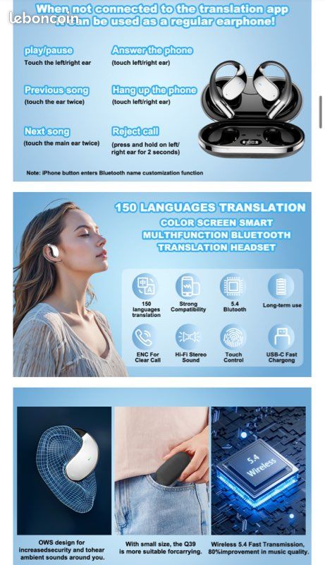 Écouteurs De Traduction En Temps Réel, écouteurs De Traducteur AI Pris En Charge 144 Langues, écouteurs De Traducteur De Langue Pour Android IOS, Traduction En Temps Réel Pour Les Voyages Et
