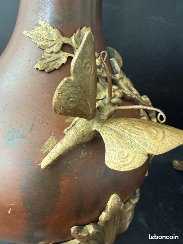 RARE Antique Napoleon III Japonisme Vases Pair Bronze Lizards Papillon France (image 15)