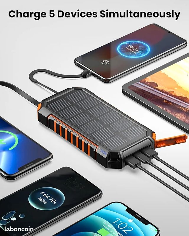 Power Bank Solaire RIAPOW 27000mAh - Charge Sans Fil 15W - 2 Lampes LED - Pour Outdoor Et Urgences