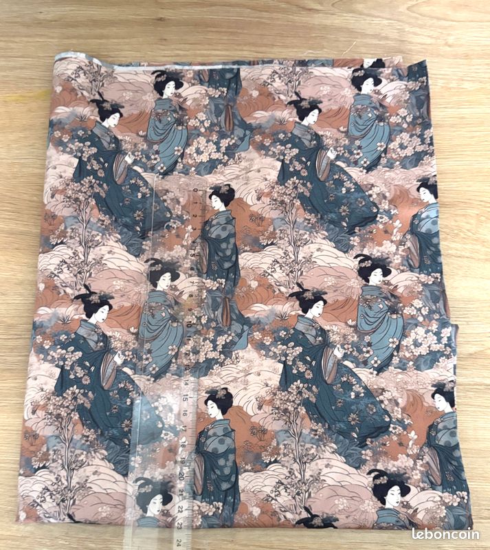 Tissu Coton Chute Scrap Coupon Geisha Femma Fleur Motif Traditionnel Japonais Beige Gris (image 2)