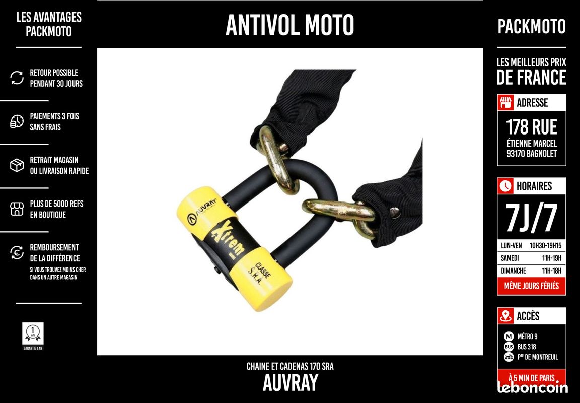 Antivol Chaine + Cadenas Auvray Xtrem 170 SRA - Chaine + Cadenas - NEUF + Garantie (image 2)