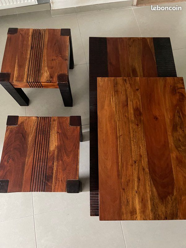 Ensemble table basse bout de canapé bois et chiffons (image 3)