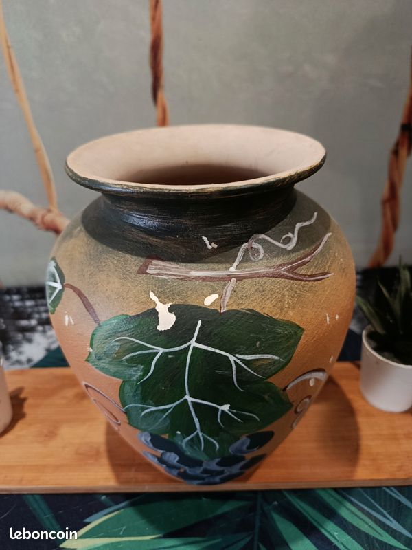 Vase Vintage Orange Motif Floral - Céramique - Hauteur 26 Cm - Déco Ancienne