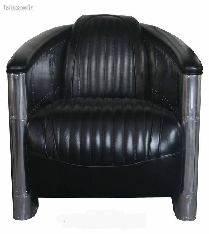 Fauteuil club style aviation alu et cuir noir (image 2)