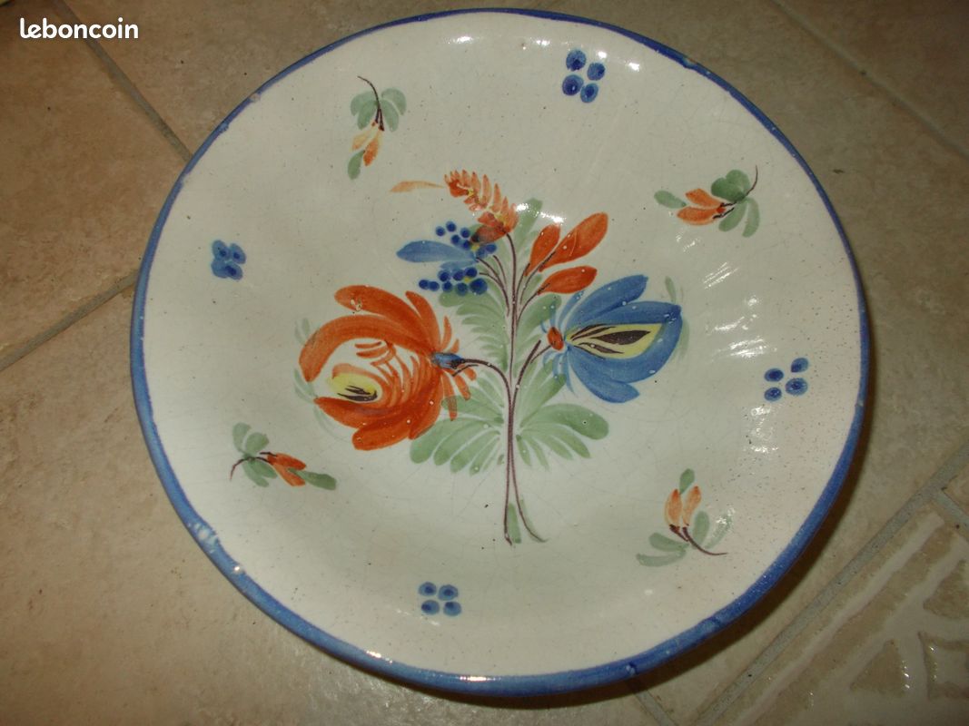 Ancien grand saladier faience decor main xix eme vintage cuisine restaurant decoration (image 2)