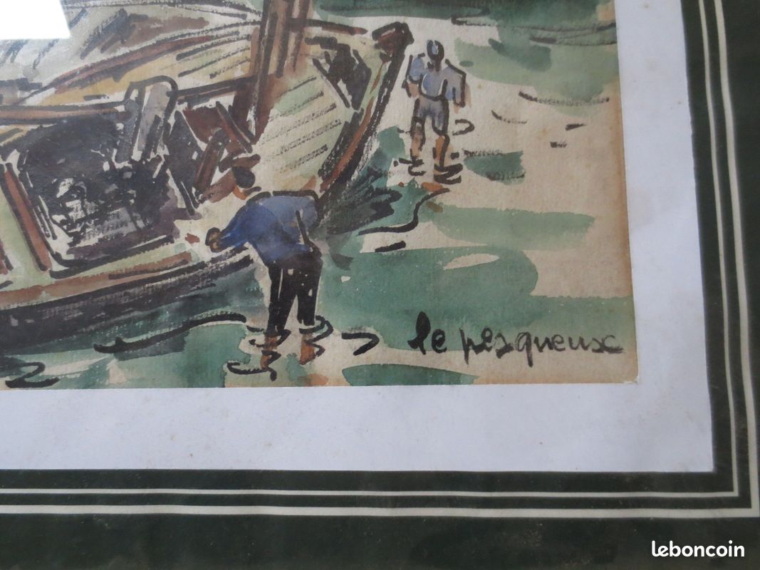 Tableau - Henriette Le Pesqueux - Aquarelle - Honfleur - Port - travaux de carénage - 1949 - (image 3)