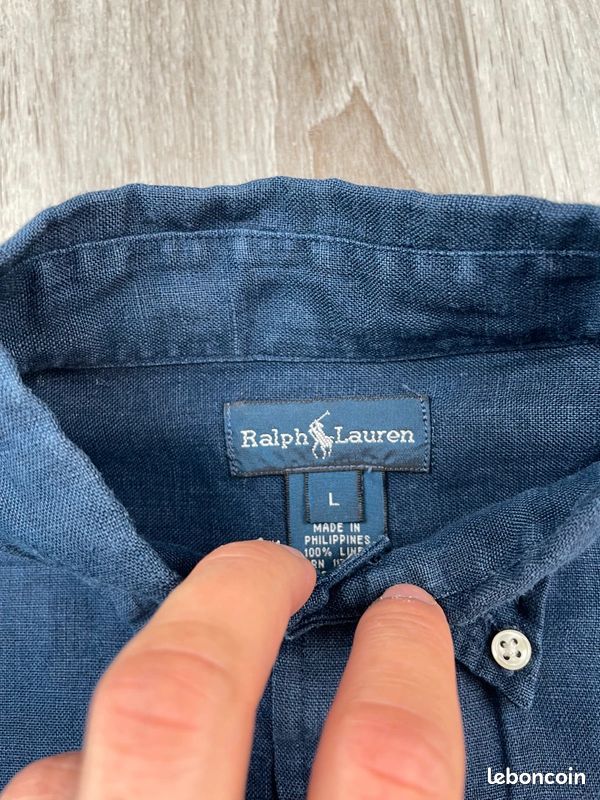 Chemise bleu marine 100% lin logo brodé jaune Ralph Lauren #B211 - Taille L (image 5)
